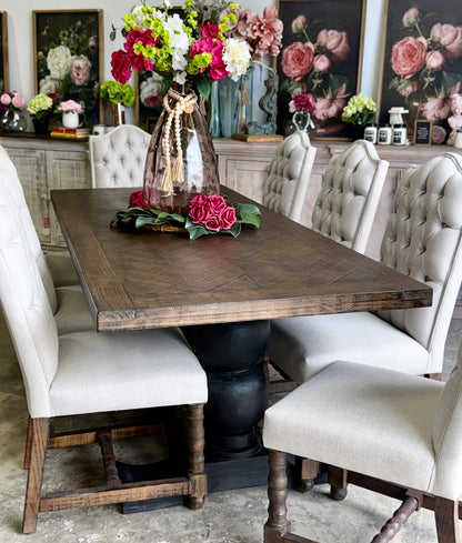 Myla 8 Foot Rounded Pedestal Table Set With 8 Upholstered chairs-Black/Honeywood™