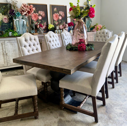 Myla 8 Foot Rounded Pedestal Table Set With 8 Upholstered chairs-Black/Honeywood™