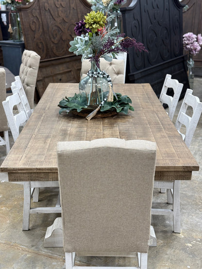 Ella 7  Foot Dining Table Set with 6 Upholstered Chairs-White Wheat/Sandstone