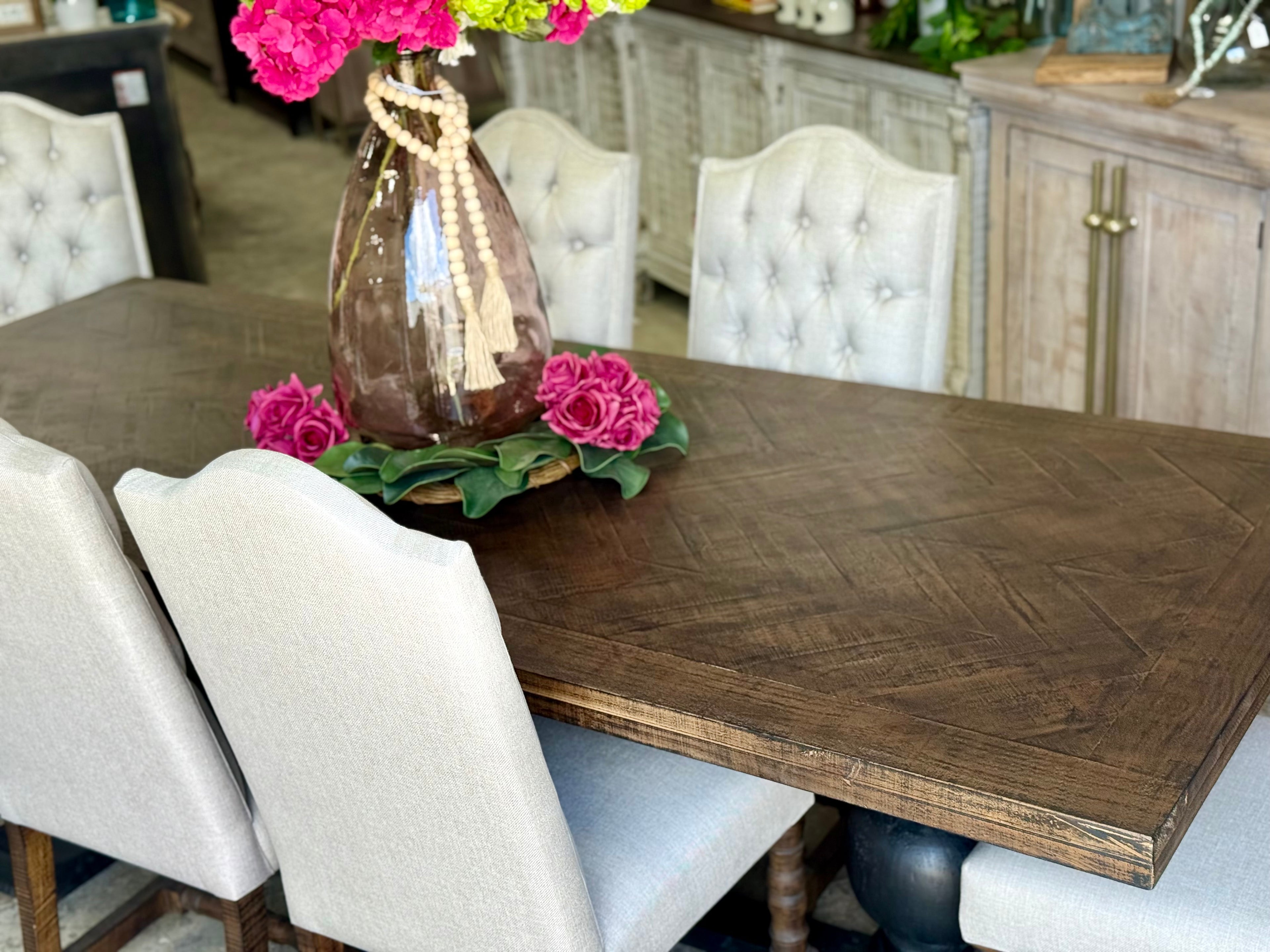 Myla 8 Foot Rounded Pedestal Table Set With 6 Upholstered chairs-Black/Honeywood™