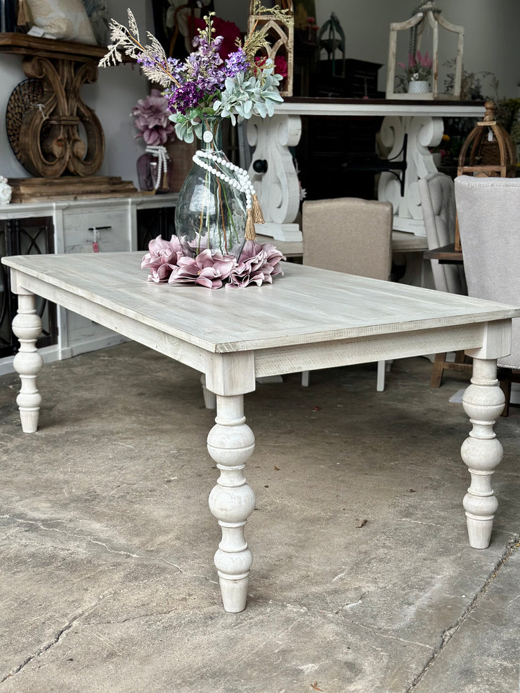 Calais 7 Foot Dining Table Set 6 Upholstered Chairs White Wheat