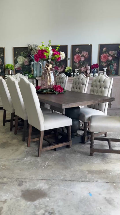 Myla 8 Foot Rounded Pedestal Table Set With 8 Upholstered chairs-Black/Honeywood™