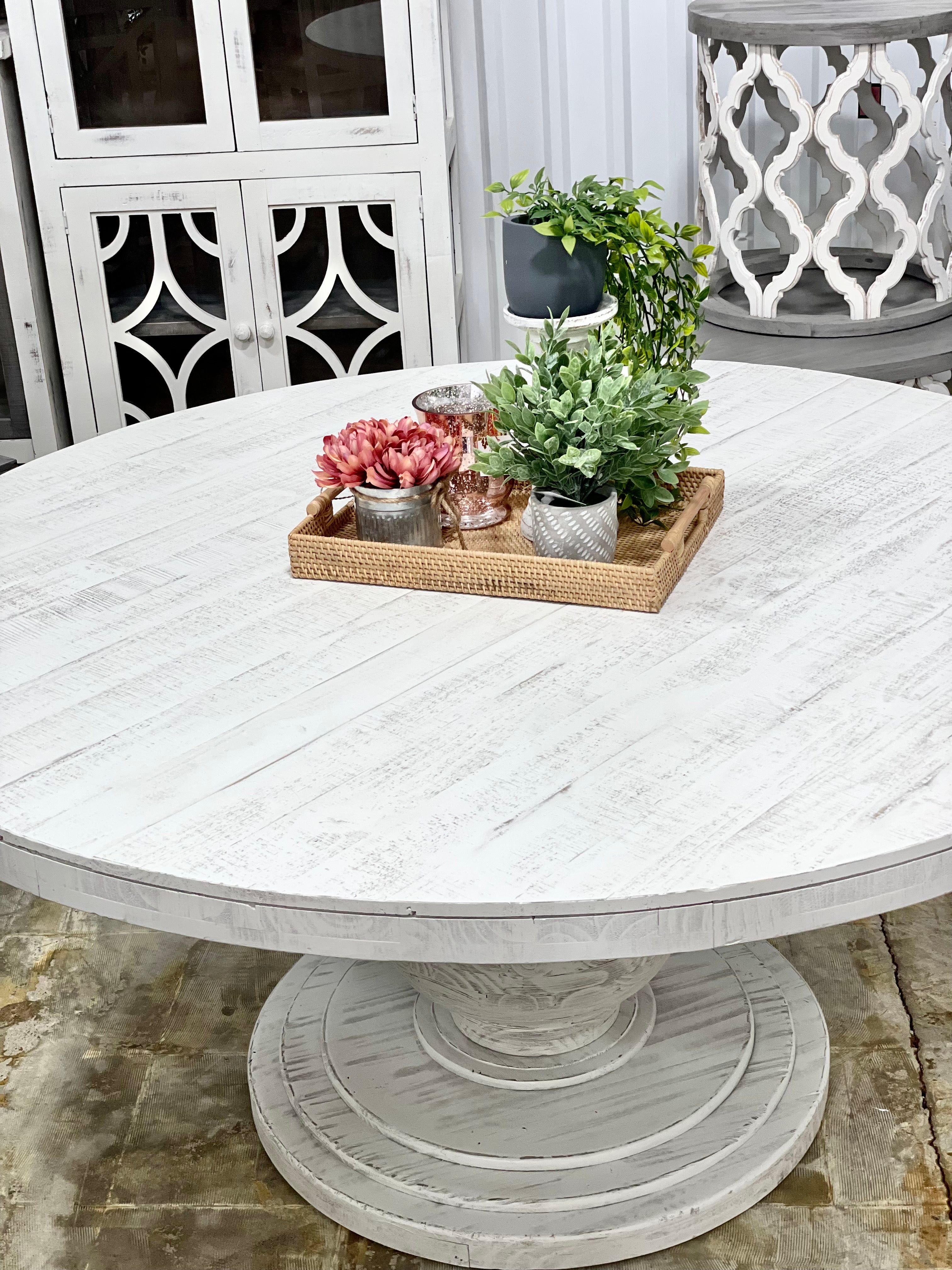 Whitewashed pedestal online dining table